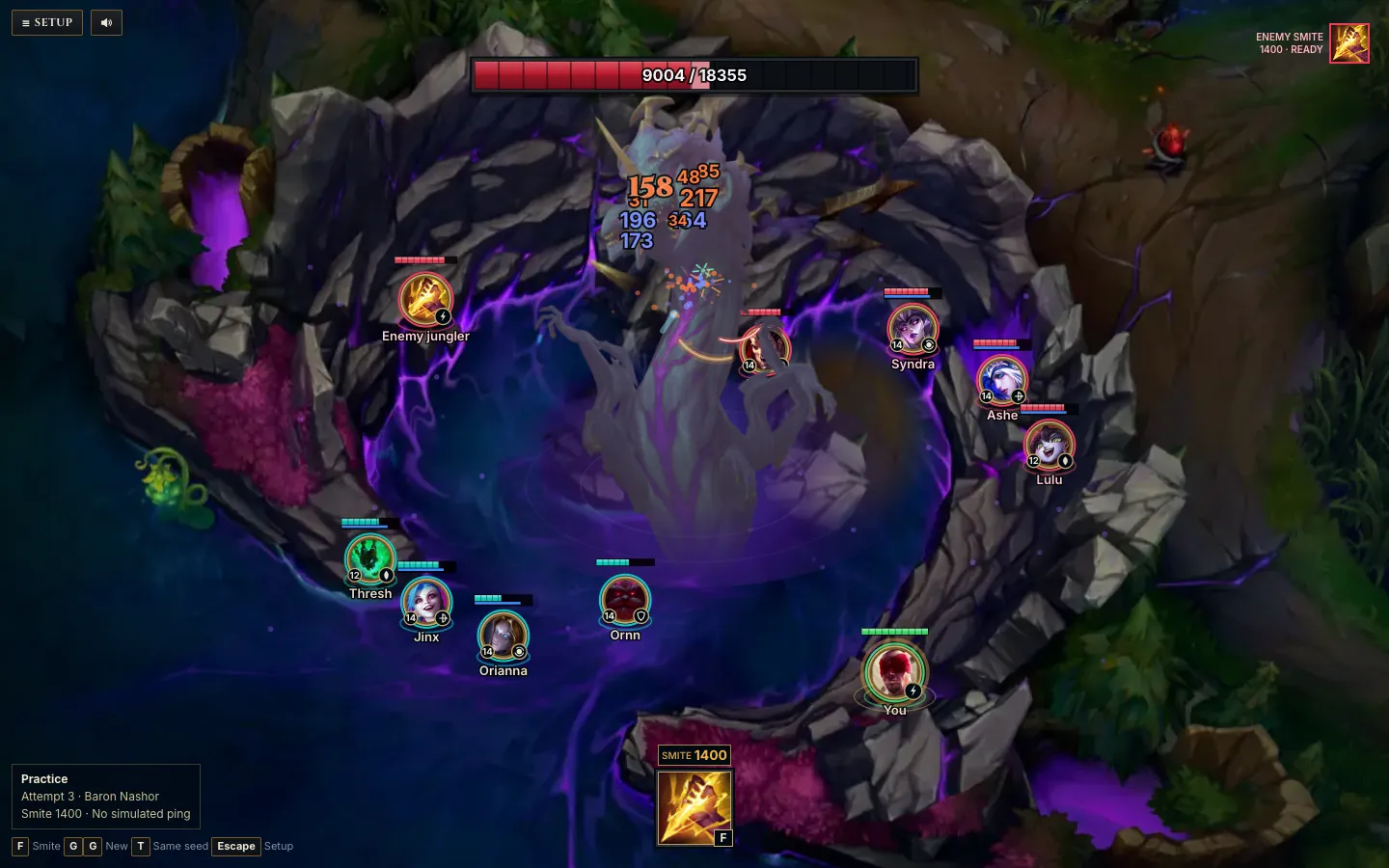 A fight at Baron in Smite Lab: champions around the pit, Baron's health bar, and the Smite key with its damage