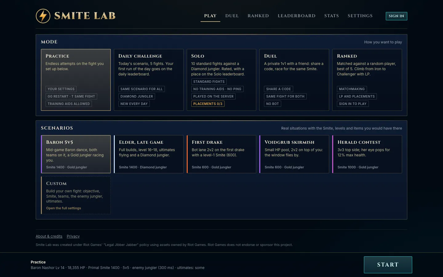 The Play screen: five modes, and the scenarios below them